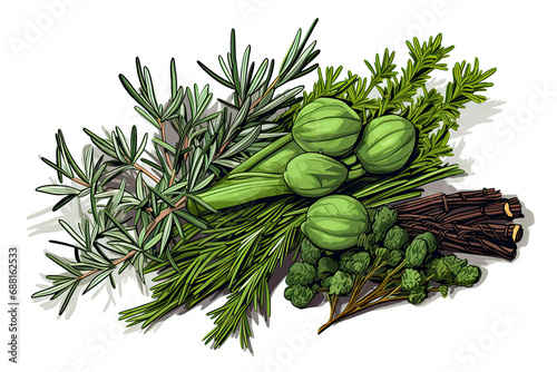 a picture of herbs on a white background with the cloves (Illustration, Drawing)