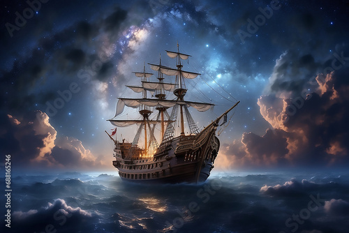 pirate ship sails through the clouds in night sky 