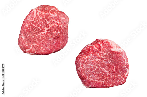 Raw steaks fillet Mignon on a butcher cleaver. Beef tenderloin. Transparent background. Isolated.