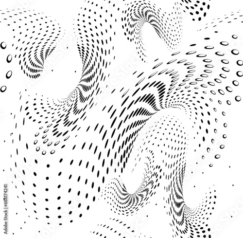 Seamless pattern of dots, gushing drops, splashes. Ralial twisting and bending. Vector.