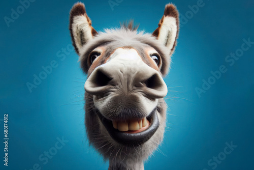 Donkey with a stupid smile closeup, wide angle gopro shot on solid blue background. ai generative