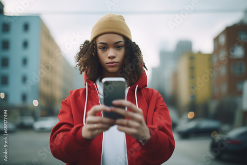 A teenage girl with curly hair and a red hoodie holds her phone in her hand, with a defiant and nonconformist look. No more Digital Harassment on social media