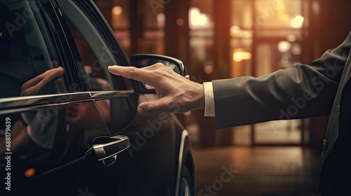 a businessman's hands and a chauffeur by a car door, the hand of a male person on a vehicle handle, emphasizing professional transport service.