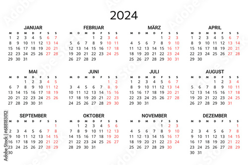 2024 german calendar. Printable, editable vector illustration for Germany. 12 months year kalender.