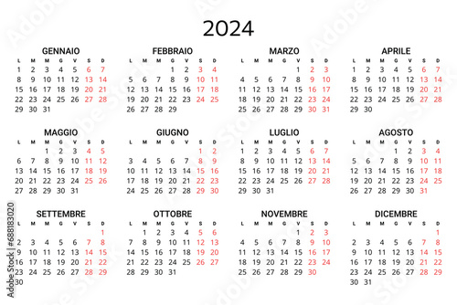 2024 italian calendar. Printable, editable vector illustration for Italy. 12 months year calendario.