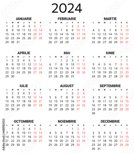 2024 romanian calendar. Printable, editable vector illustration for Romania and Moldova. 12 months year calendars