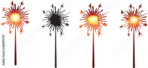 Red Bengal fire set drawing vector clip art festive greeting cards, invitations, banners. Small firework on stick Happy New Year party invitation sparkler firework illustration. Magic wand accessory 