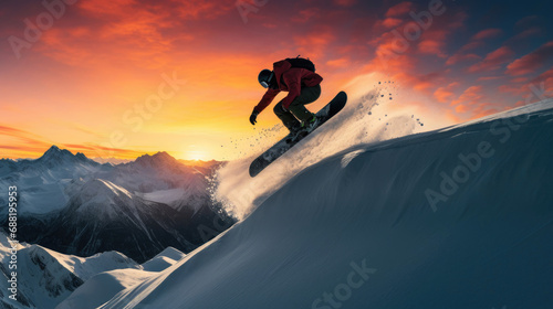 Dramatic snowboarding jump with sunset-lit snow peaks in the background
