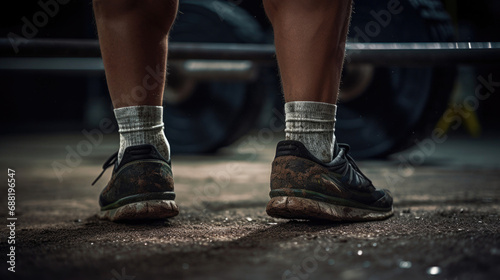 Weightlifter's feet firmly planted determination in stance gym texture detail