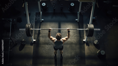 Aerial view of a weightlifter raising a barbell in a well-lit gym