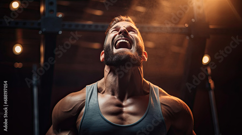 A weightlifter catching their breath sweat shining under lights