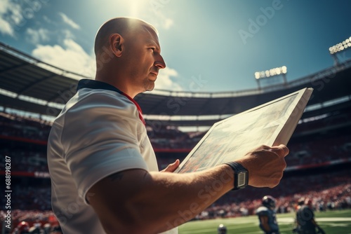 Close-up of a coach wearing a cap and T-shirt watching the game on the field. Takes notes on a tablet. Team players in the background. The coach studies the game strategy.