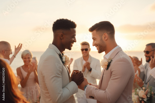 Handsome gay couple holding hands during outdoor marriage ceremony near the sea. Two lovers hate men.LGBTQ theme.generative ai