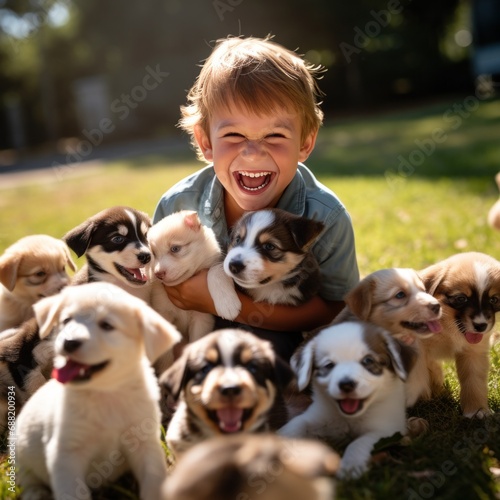 A young boy grins with excitement as he plays with a playful and energetic litter of puppies.