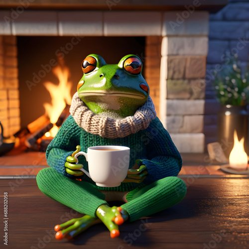 It's the perfect scene for a cozy winter night. The frog is contentedly sipping tea, wearing a warm sweater. He's by the fireplace, where the flames are crackling and providing a cozy ambiance. It's a