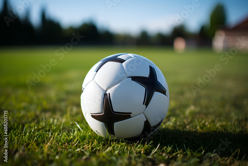A soccer ball lies on the green grass