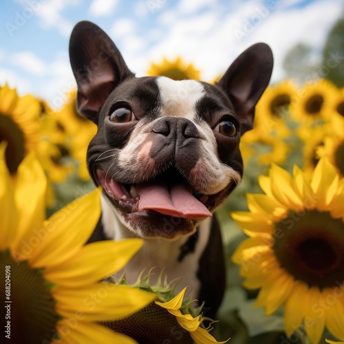 Boston Terrier Max: A Close-Up of Joy in a Sunflower Field