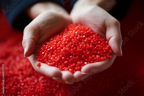 Human hands holding red plastic granules for injection molding process