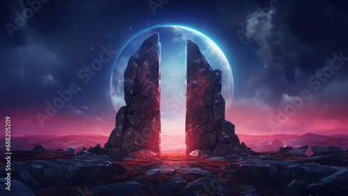fantasy landscape with stone arch and moon.