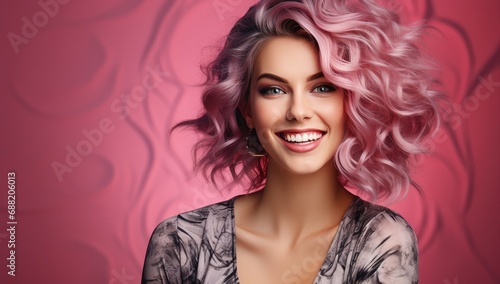 beautiful young woman smiling with curly pink hair on pink background