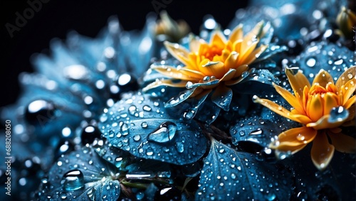 A magnificent exotic blue floral arrangement with dew drops. Blooming of summer or spring flowers on a dark background. Flowers in close-up with rays of light. Nature wallpaper. 
