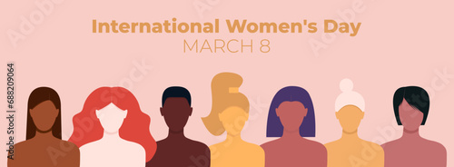 Banner International Women's Day. Women of different ethnicities together. March 8. Girl power. Happy women's day. Faceless vector illustration.