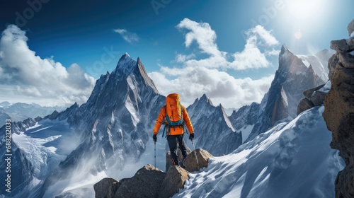 Mountaineer navigates steep rocky ridge with colorful gear against vibrant alpine panorama confident and precise alpinism