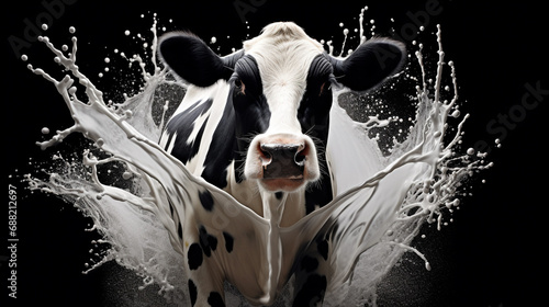 Splashes of milk fly on a milky white poster with the image of cows and many details. Nice background.