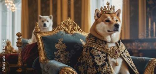 A Shiba Inu dog is the king adorned with a crown and royal attire sits regally on a throne, exuding nobility and majesty in a luxurious setting. Shiba Inu dog dressed in a royal costume with a crown