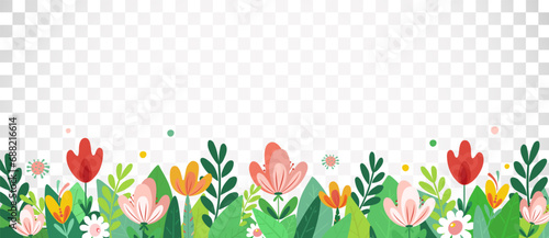 Summer or spring background with colorful green leaves and flowers. Spring vector flat template for banner, flyer, wallpaper, brochure, greeting card. Cartoon Easter vector illustration
