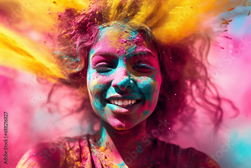 Face of woman in splashes of colorful powder, Holi celebration, generative ai
