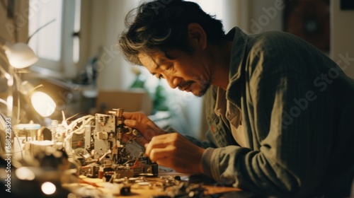 Asian man repairing electronic devices at home