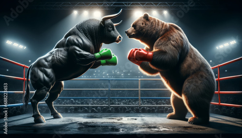 Bear vs Bull boxing on Wall Street ring, a punchy metaphor for stock market volatility and sentiment