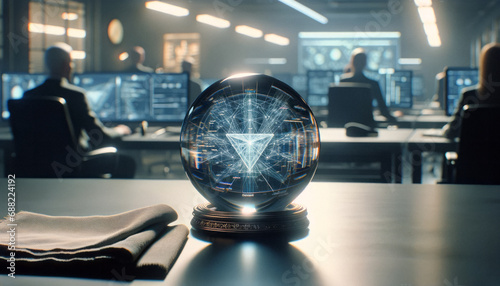 Crystal ball on a desk, AI driven visions of a sophisticated triangulation algorithm. Blurred tech office in the background, intense cyber security operations