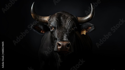 Portrait of black bull on black background with copy space