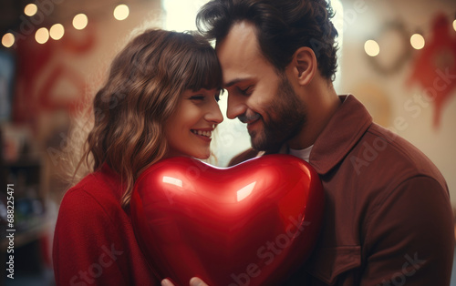 Romantic moment, couple with a big red heart in valentine photoshoot