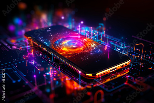 Smartphone on abstract technology background.