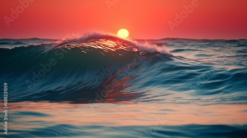 Blue waves sea with soft yellow sky and red sun background. generative AI