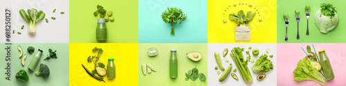 Collage of tasty green vegetables and bottles of smoothie on color background