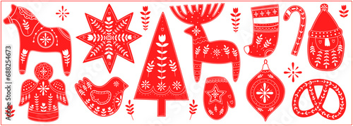 Scandinavian Christmas elements set tree, horse, candy, mitten,pretzel,sock, ball, bauble, bird,star,Santa Claus isolated red on white background