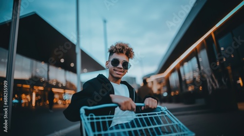 Portrait of african american cool boy with shopping cart on parking
