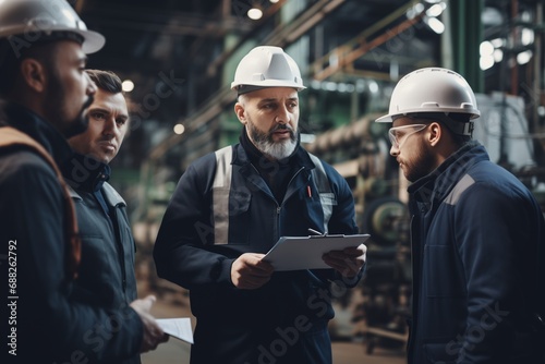 Supervisor discussing attendance with workers over clipboard in a manufacturing plant