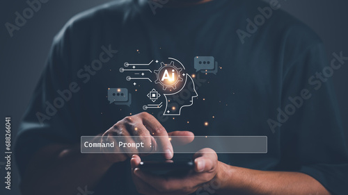 Chatbot Chat with AI, Artificial Intelligence. man using technology smart robot AI, artificial intelligence by enter command prompt for generates something, Futuristic technology transformation.