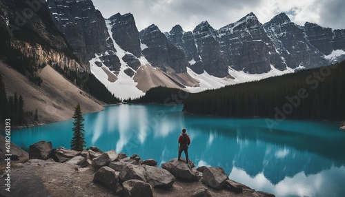 hiker women standing on rocks, Moraine Lake panorama in Banff National Park, Alberta, Canada, smoky