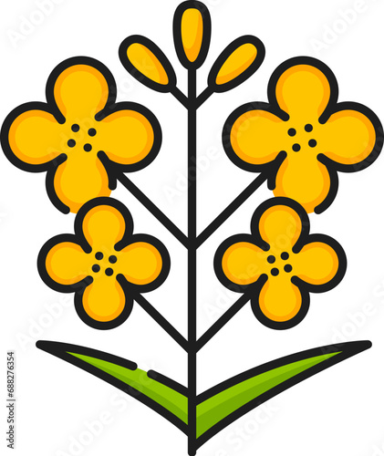 Rapeseed, canola plant icon. Isolated vector linear sign of golden Brassica napus or colza bloom with its distinctive yellow petals, symbolizing its significance in agriculture and oil production