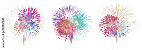 Set of beautiful and colorful fireworks on a transparent background