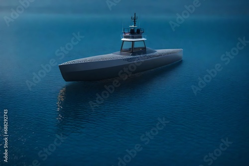 Drone boat hull covered with graphene grating, 3d model, realistic seascape