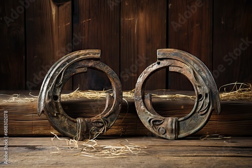 board wooden vintage straw horseshoes rusty old Two background empty horseshoe fortune wood lucky symbol good luck wish success superstition plank horse signs amulet copy space