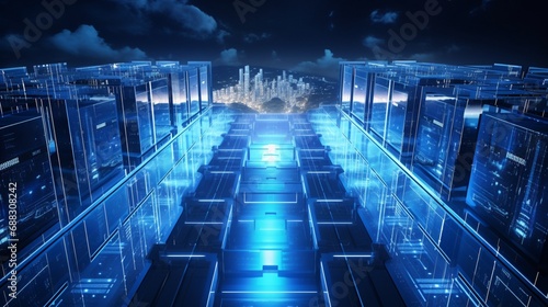 A stunning aerial view of a high-tech data center, featuring rows of servers and supercomputers, bathed in a cool, blue LED light.