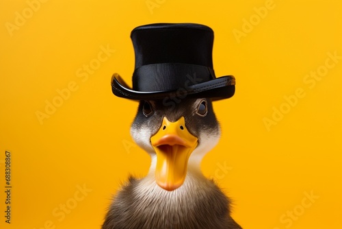 A whimsically attired duckling wearing a bowler hat, a bowtie, and a monocle, attempting a sophisticated pose on a solid yellow background.